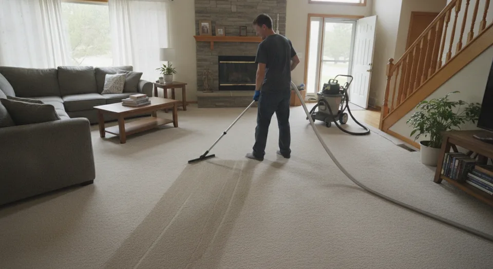 A technician running a hot water extraction wand across a beige wall-to-wall carpet in the living room of a Kitchener, Ontario family home